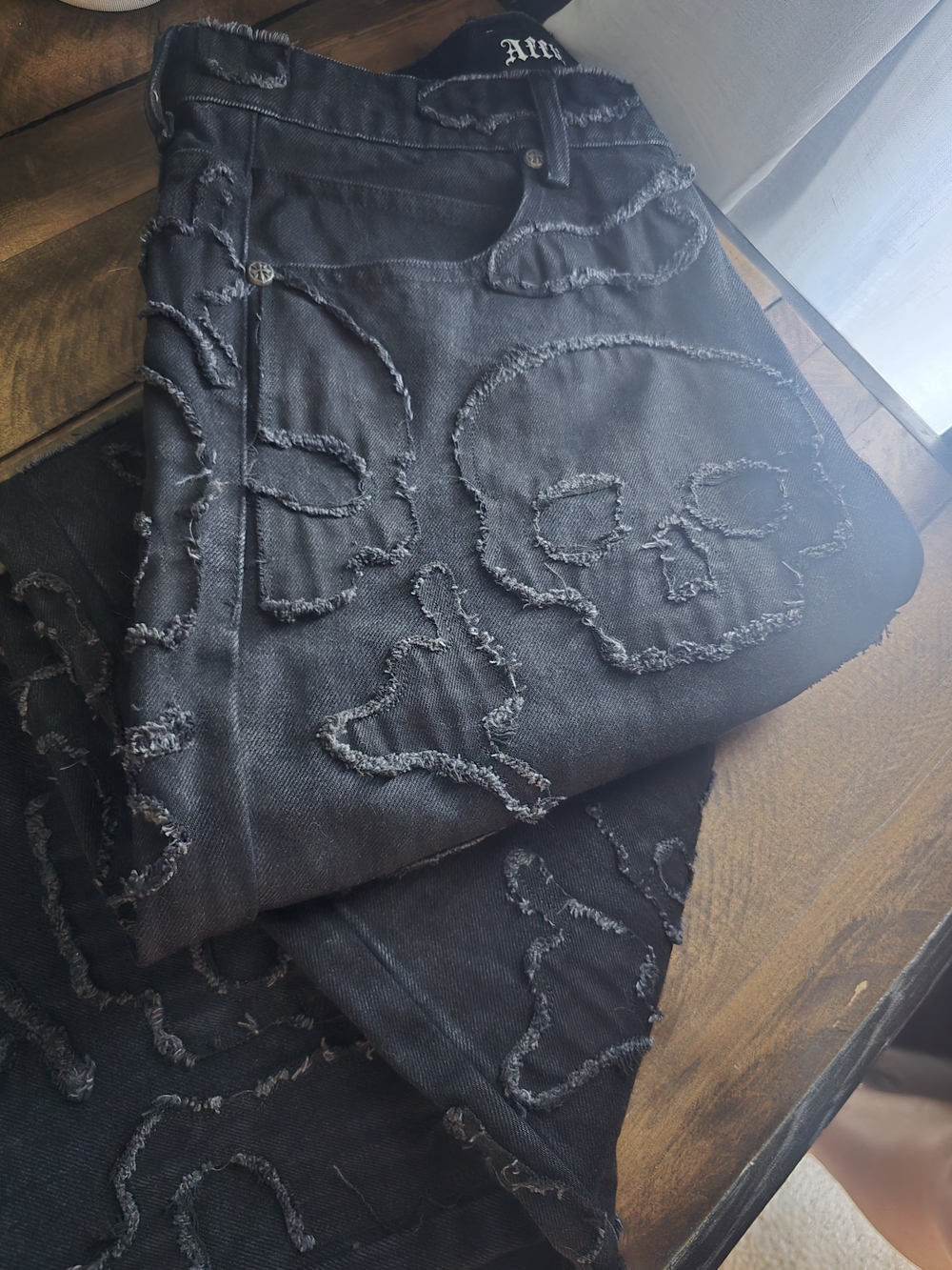 Affliction Men's Black Distressed Skull-Pattern Jeans